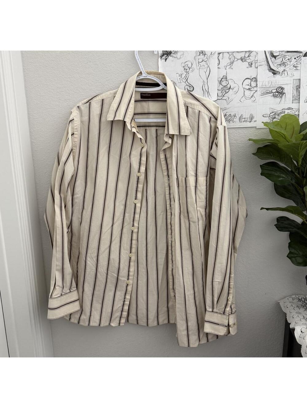 Perry Ellis cream and brown vertical striped button-up shirt